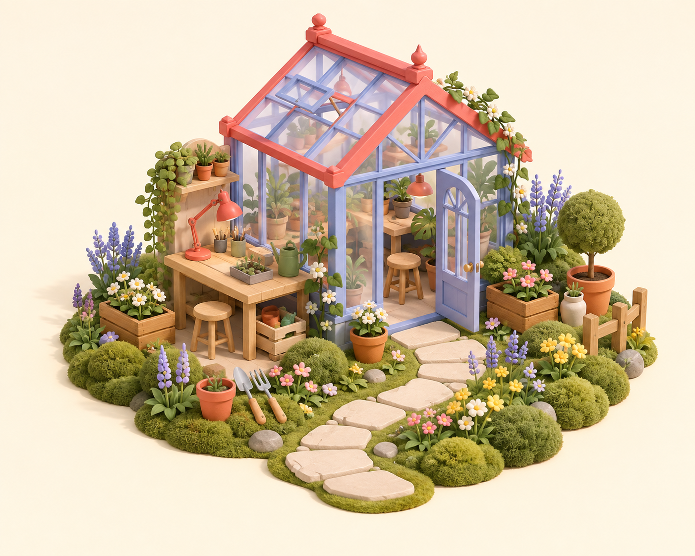A playful isometric garden studio and a small creative space