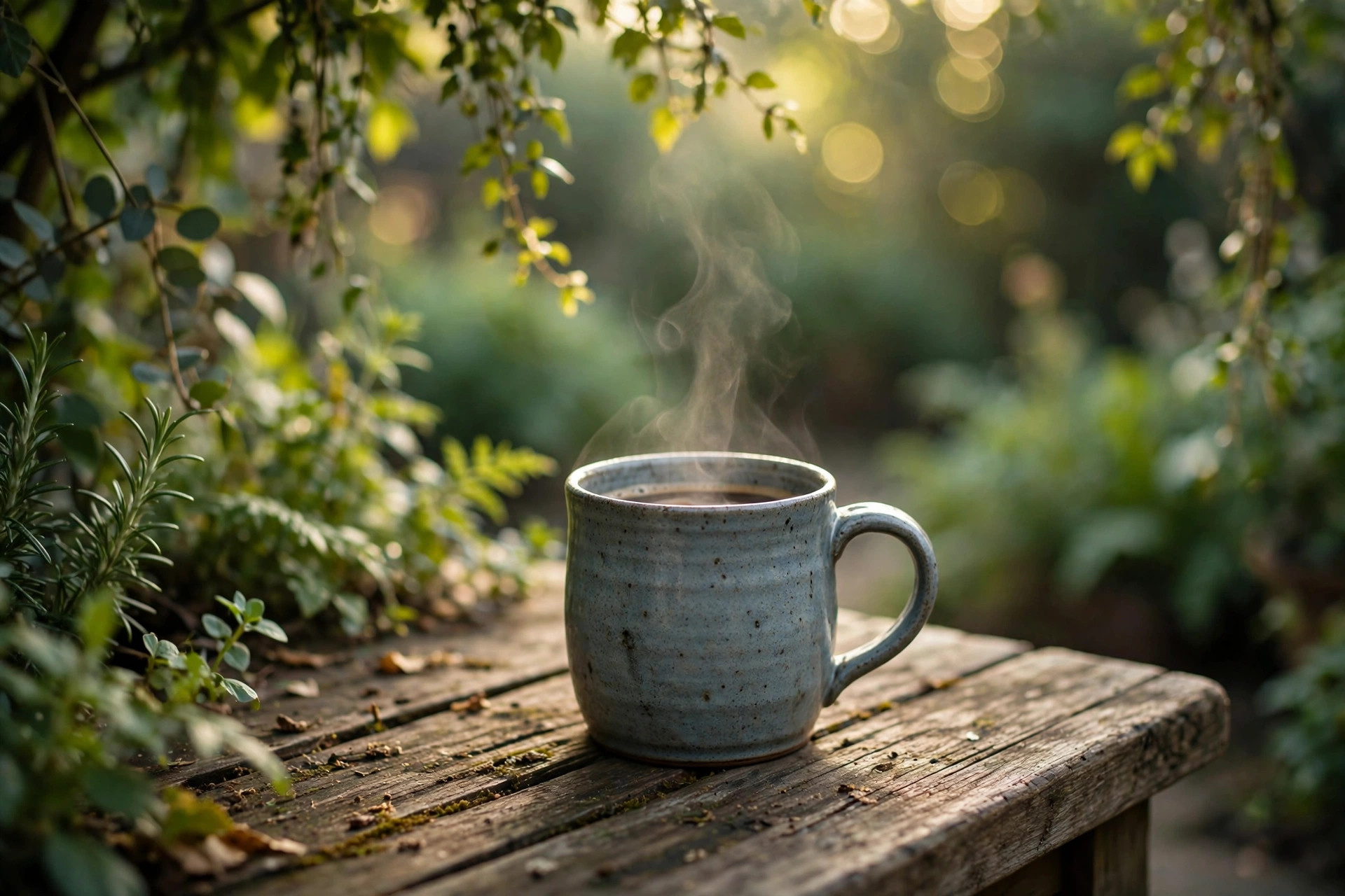 A coffee mug on a rustic table in the garden at dawn