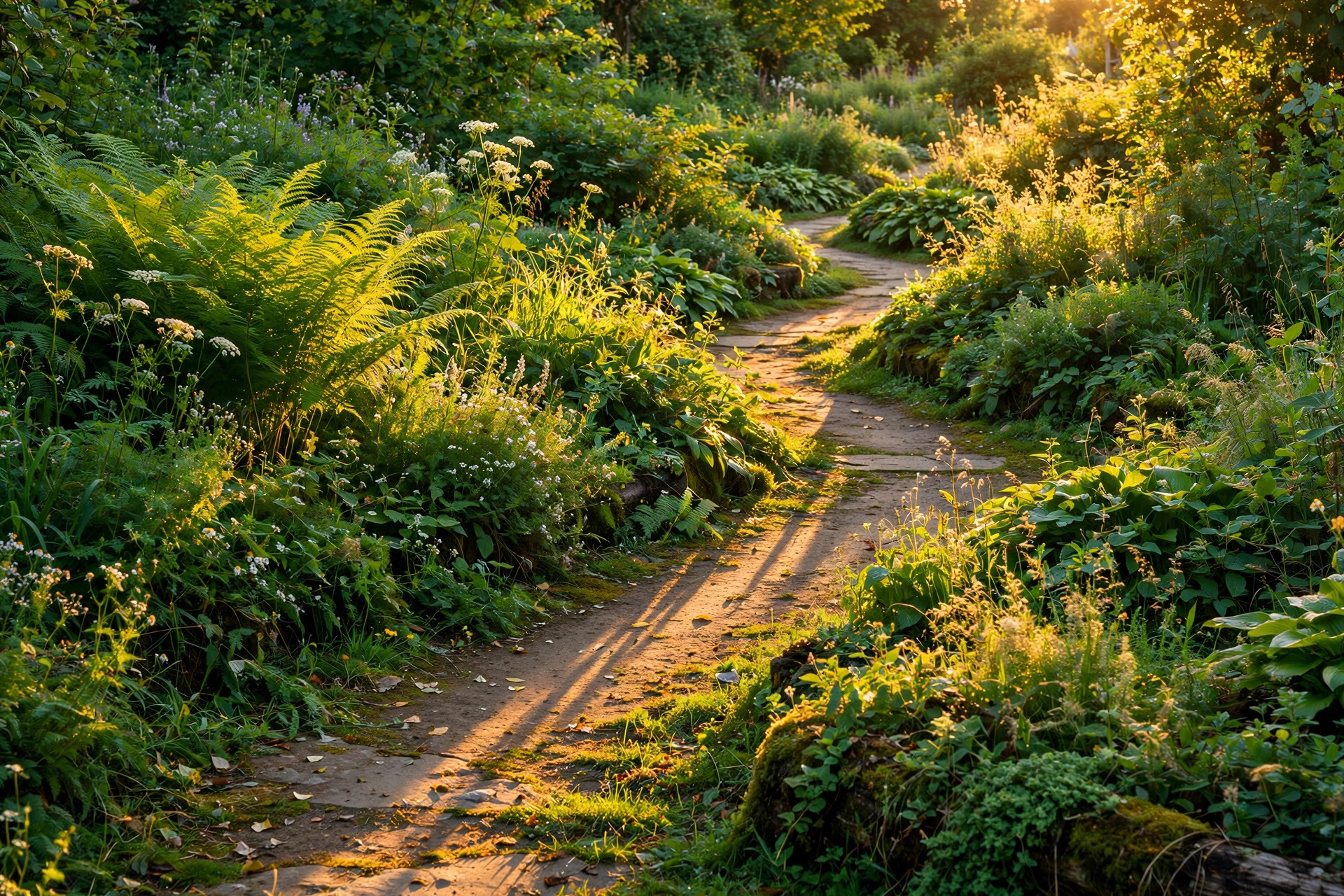 A garden path through lush beds at golden hour