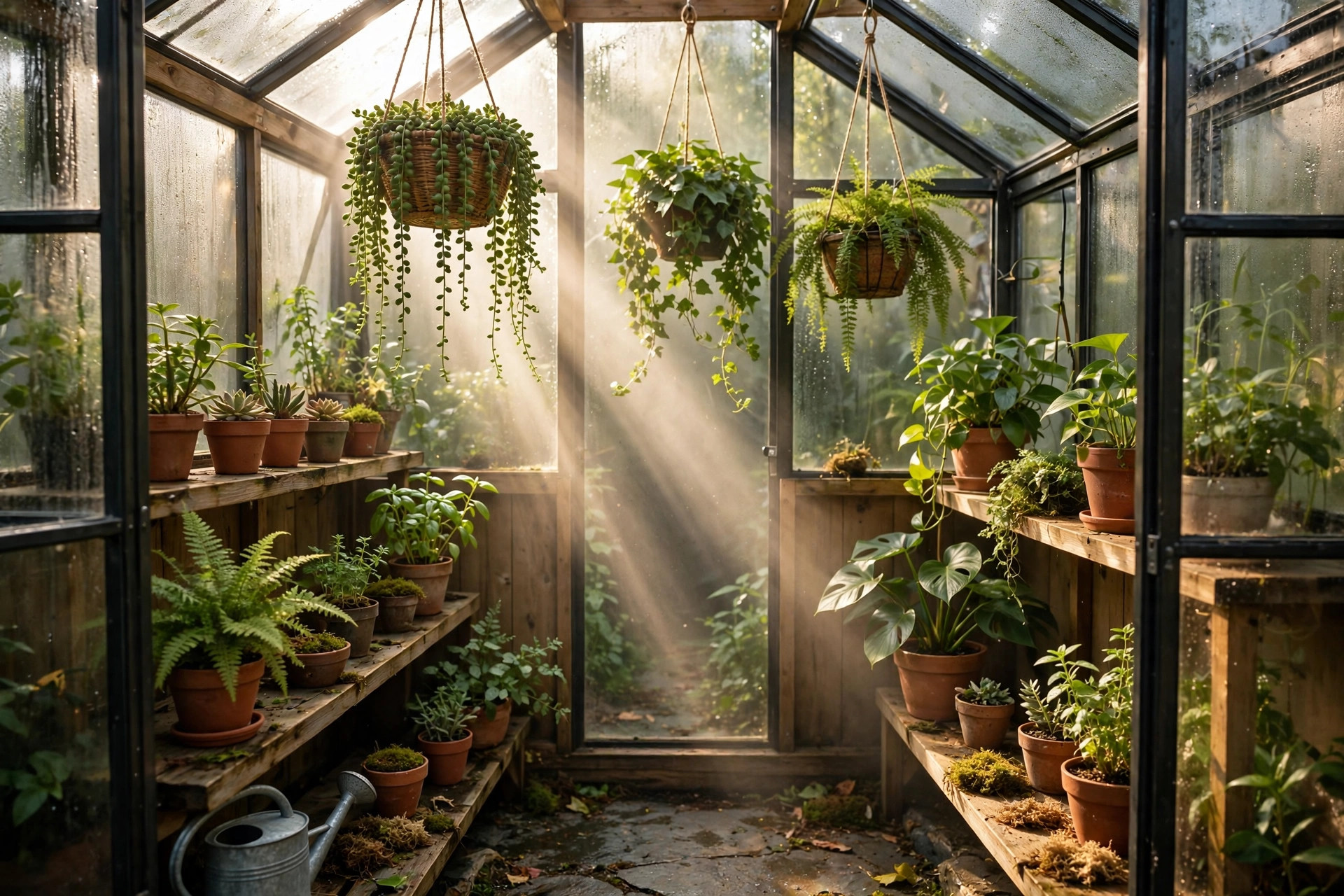Inside a small home greenhouse, sunlight streaming through the glass