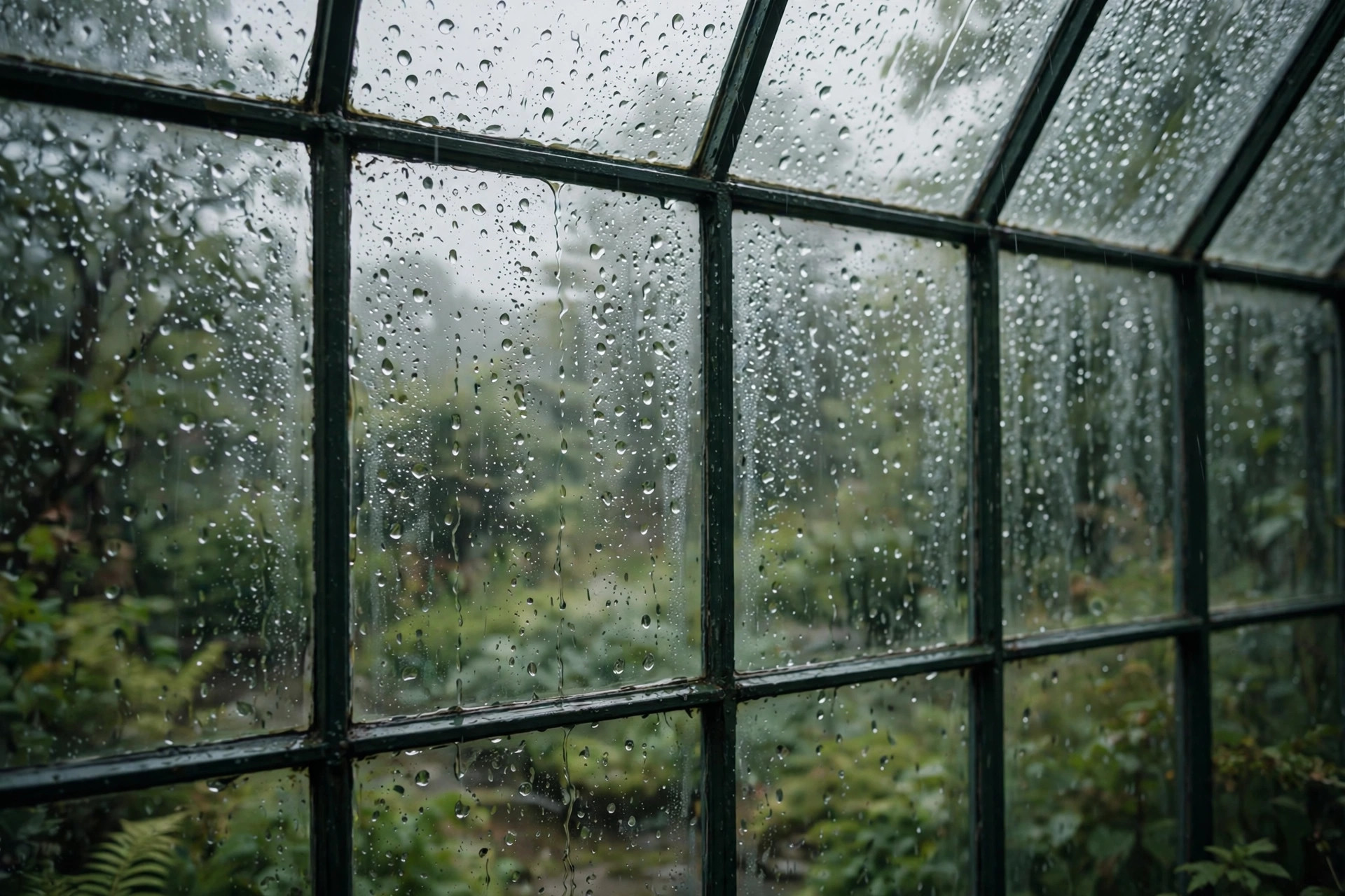 Rain beading on greenhouse glass