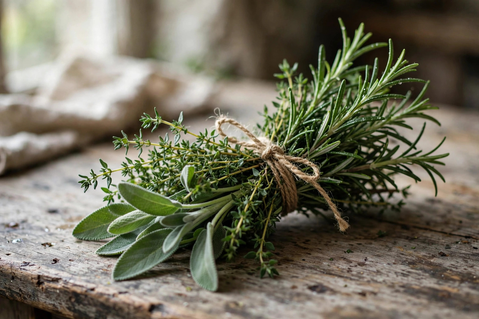 A bundle of freshly harvested rosemary, thyme and sage tied with twine