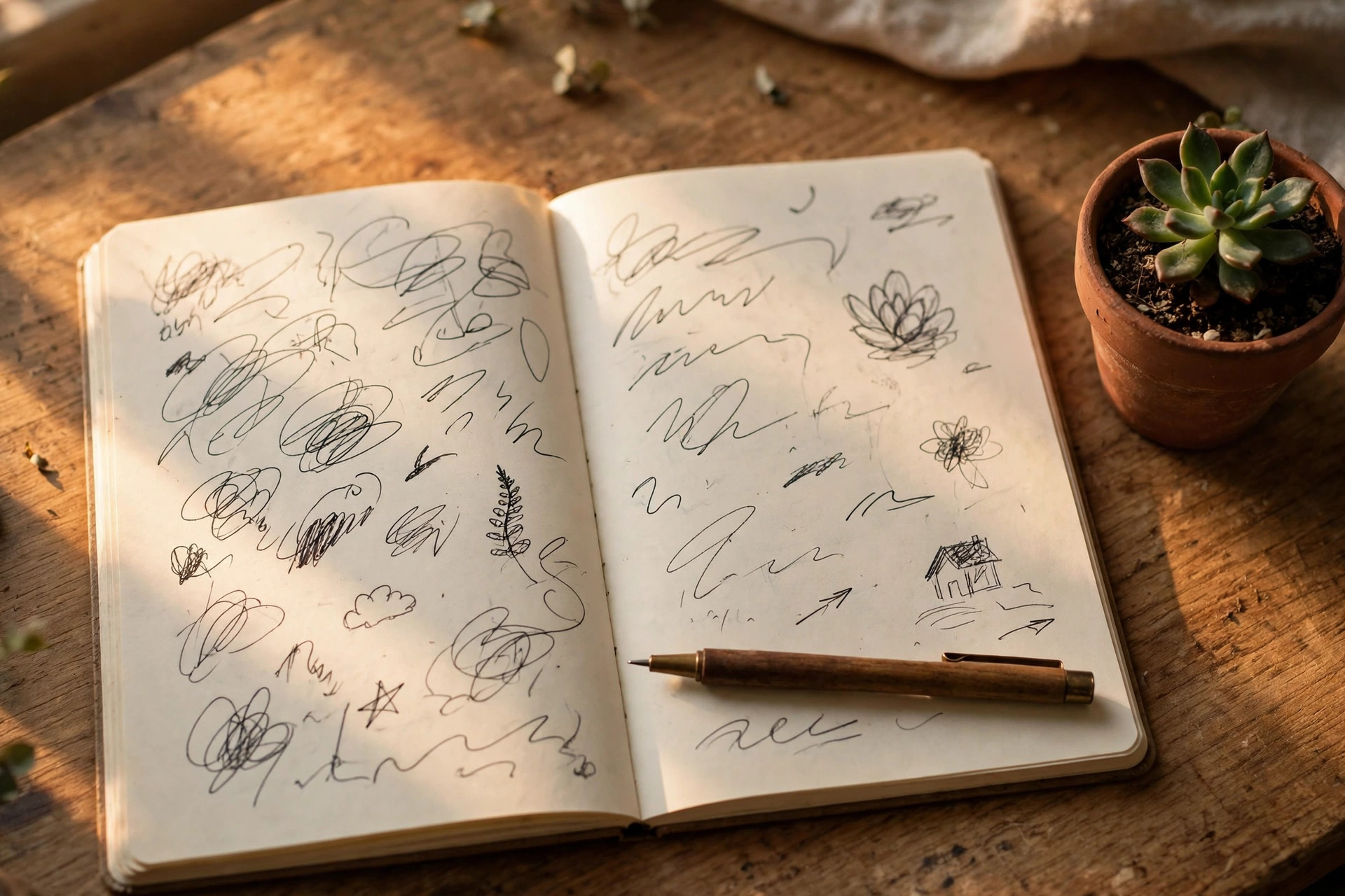An open notebook with handwritten notes beside a small potted plant