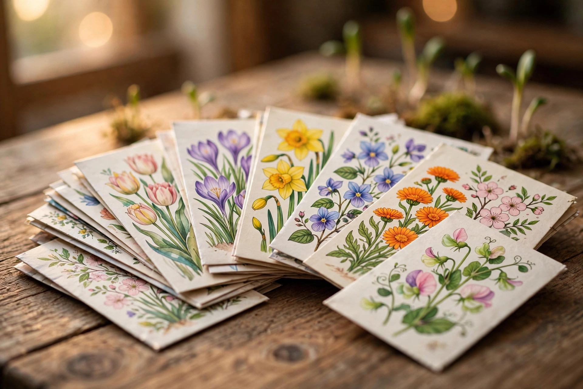 A fanned-out pile of colorful seed packets