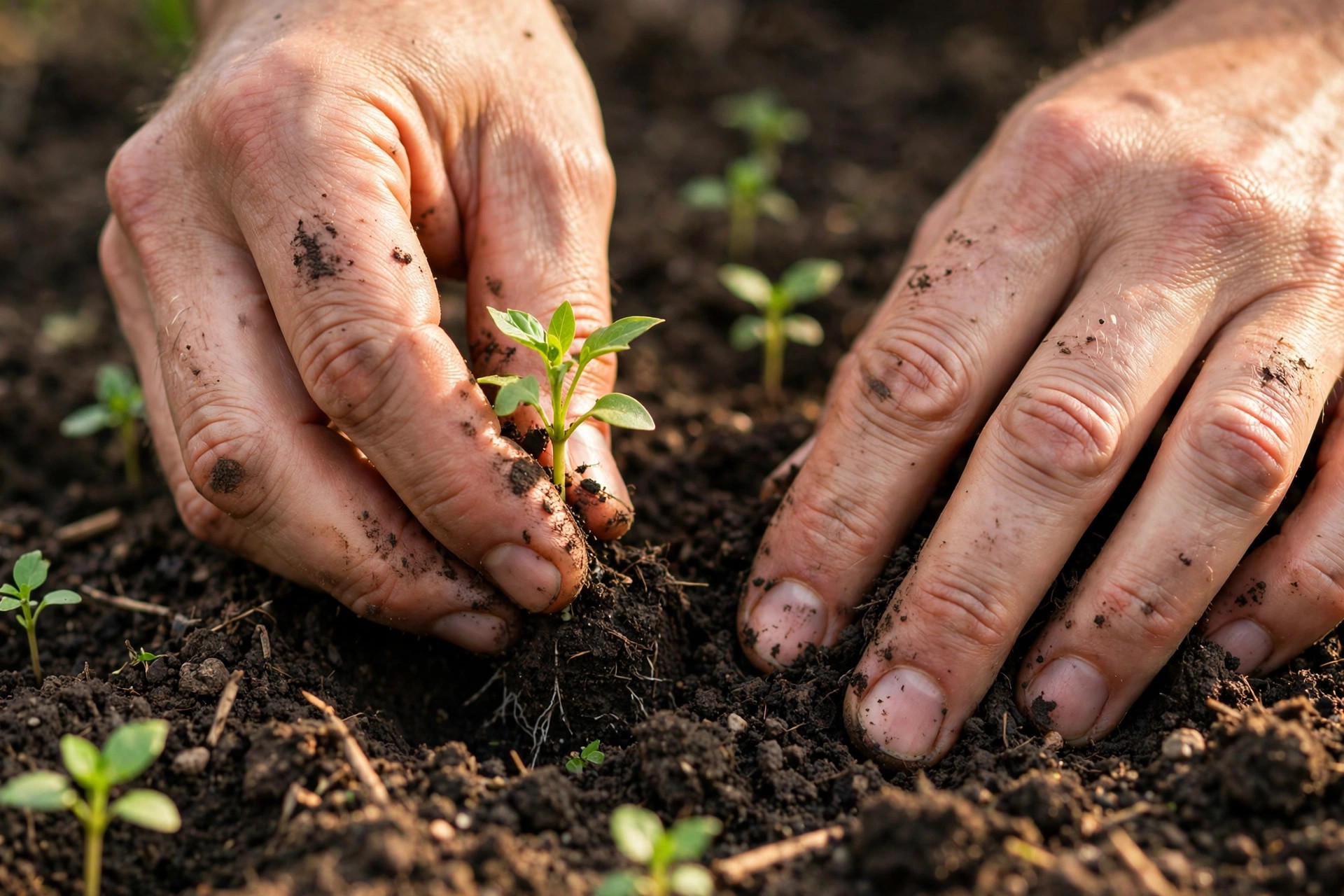 Hands planting small seedlings into dark soil