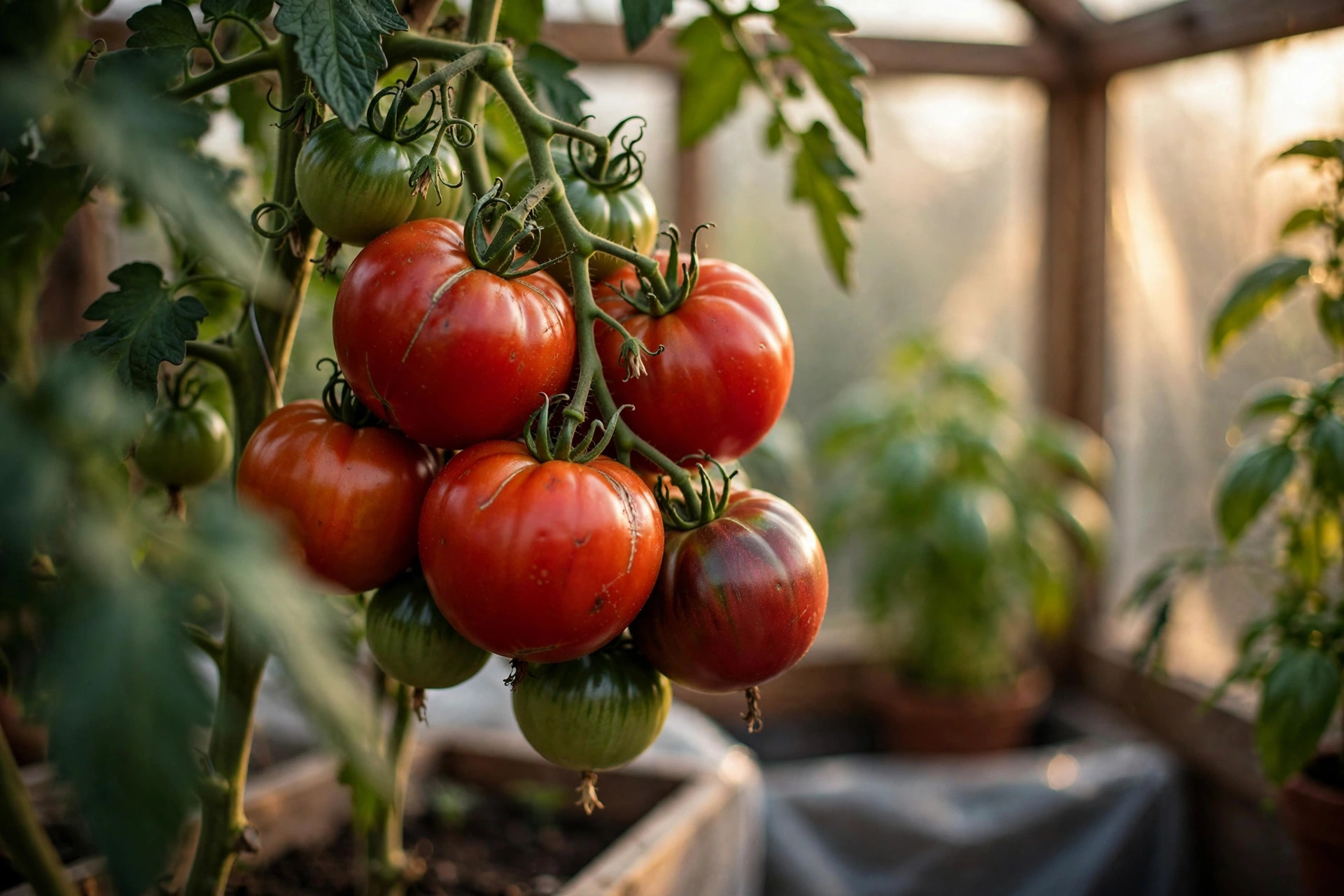 Vine-ripened heirloom tomatoes in warm afternoon light